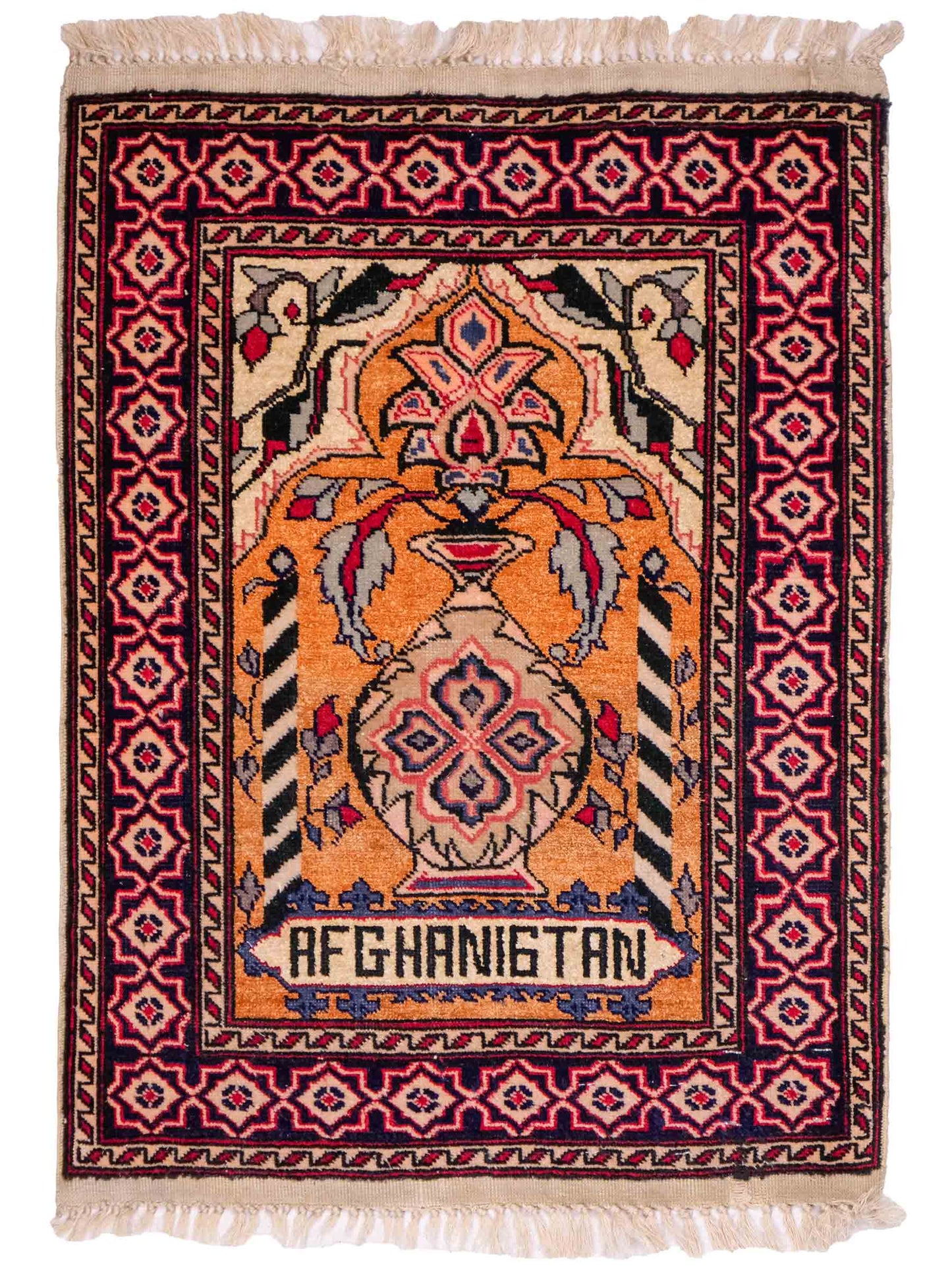 Feiner, handgeknüpfter Afghan Mauri Orientteppich aus Wolle mit Seide von Khademi. Farbe: Beige, gold, blau. Größe: 75 x 60 cm. Vertrieb durch JUPITER Intl.