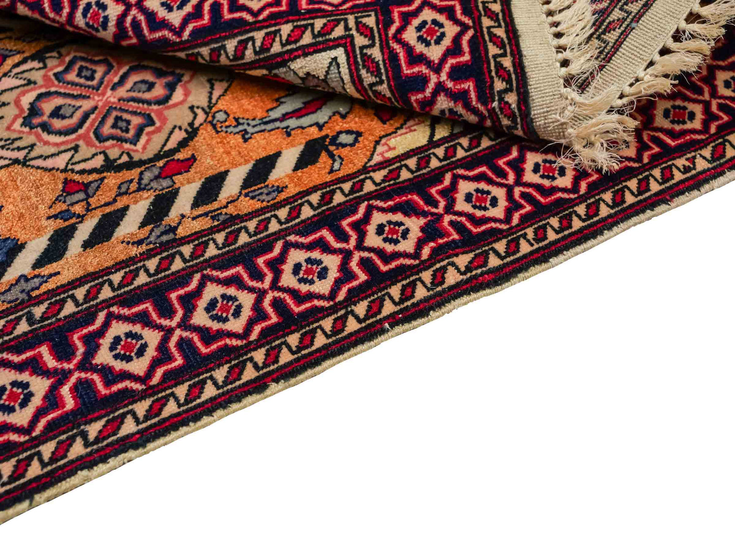 Feiner, handgeknüpfter Afghan Mauri Orientteppich aus Wolle mit Seide von Khademi. Farbe: Beige, gold, blau. Größe: 75 x 60 cm. Vertrieb durch JUPITER Intl.