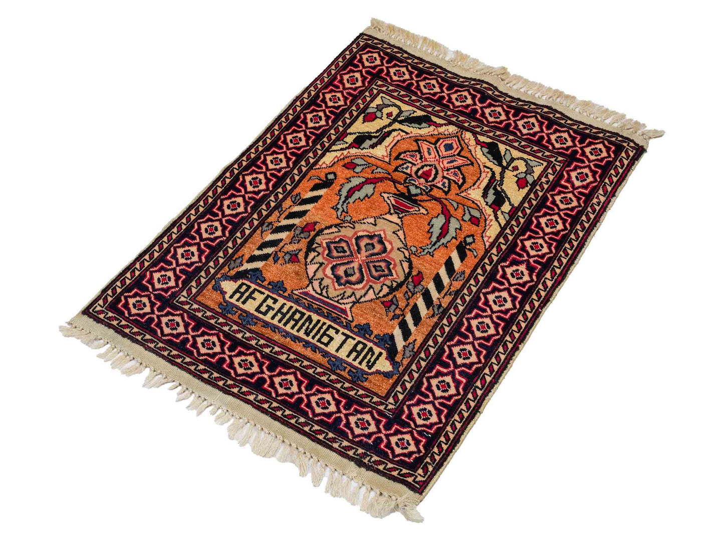 Feiner, handgeknüpfter Afghan Mauri Orientteppich aus Wolle mit Seide von Khademi. Farbe: Beige, gold, blau. Größe: 75 x 60 cm. Vertrieb durch JUPITER Intl.