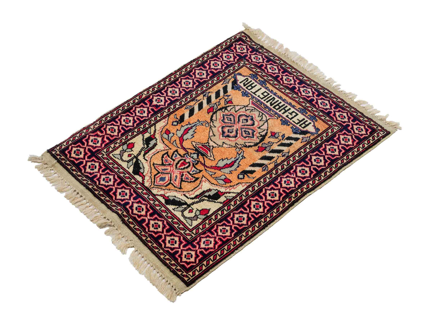 Feiner, handgeknüpfter Afghan Mauri Orientteppich aus Wolle mit Seide von Khademi. Farbe: Beige, gold, blau. Größe: 75 x 60 cm. Vertrieb durch JUPITER Intl.