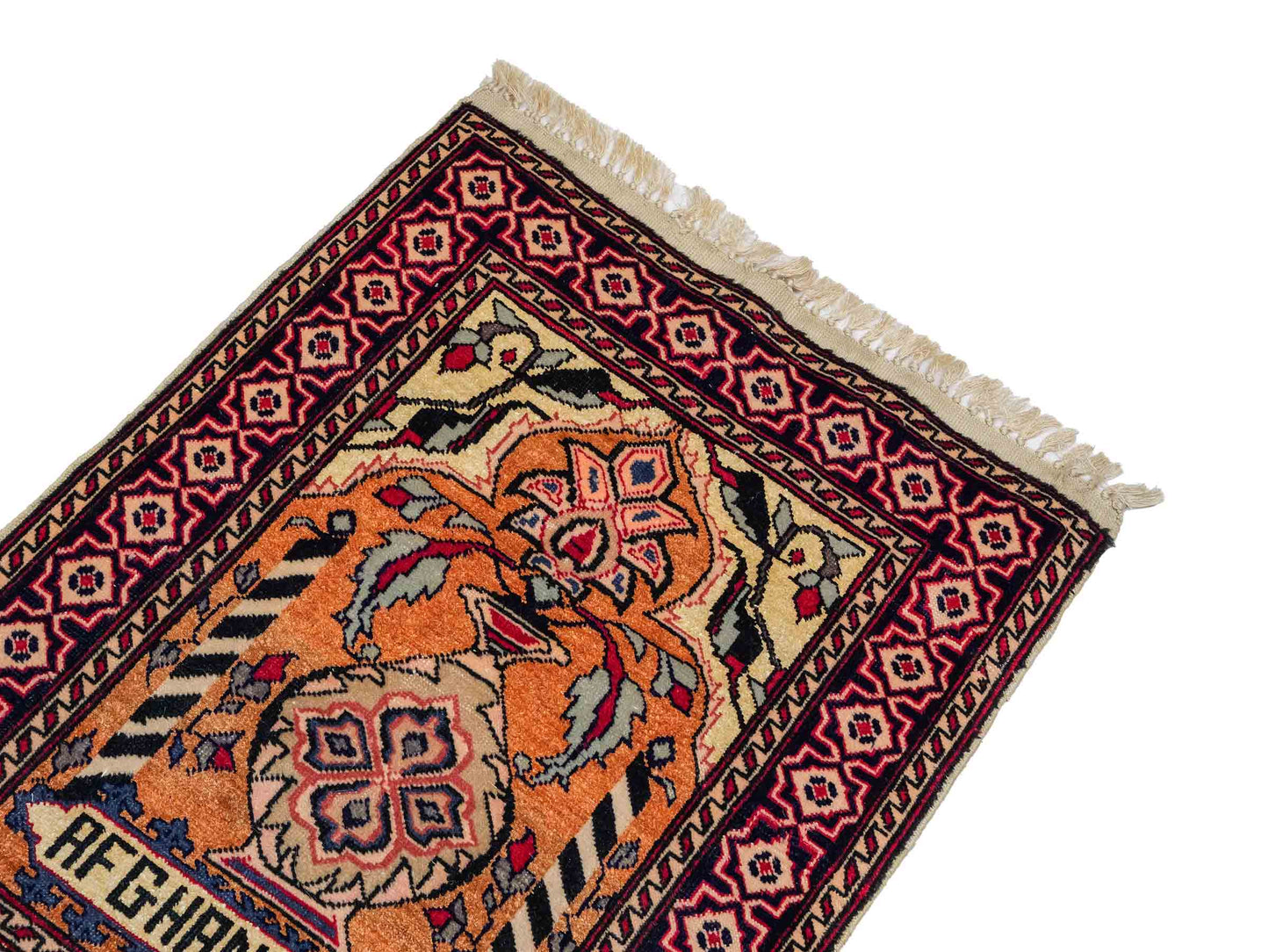 Feiner, handgeknüpfter Afghan Mauri Orientteppich aus Wolle mit Seide von Khademi. Farbe: Beige, gold, blau. Größe: 75 x 60 cm. Vertrieb durch JUPITER Intl.