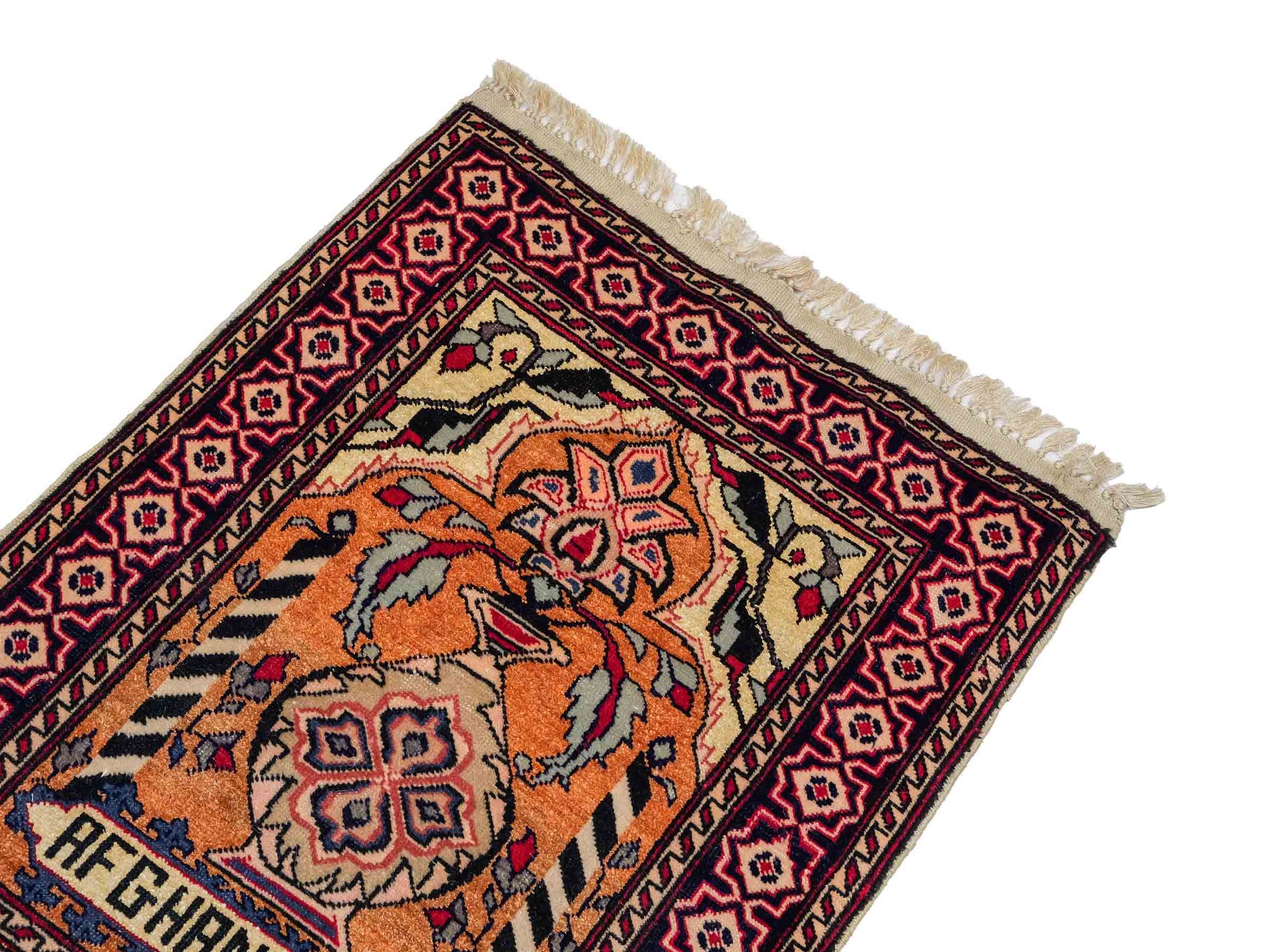 Feiner, handgeknüpfter Afghan Mauri Orientteppich aus Wolle mit Seide von Khademi. Farbe: Beige, gold, blau. Größe: 75 x 60 cm. Vertrieb durch JUPITER Intl.