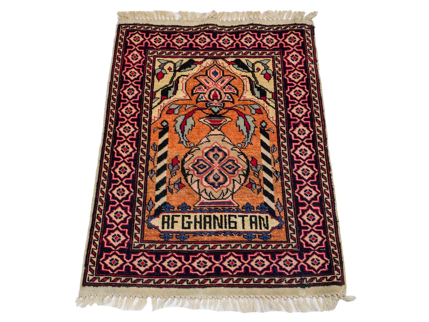 Feiner, handgeknüpfter Afghan Mauri Orientteppich aus Wolle mit Seide von Khademi. Farbe: Beige, gold, blau. Größe: 75 x 60 cm. Vertrieb durch JUPITER Intl.