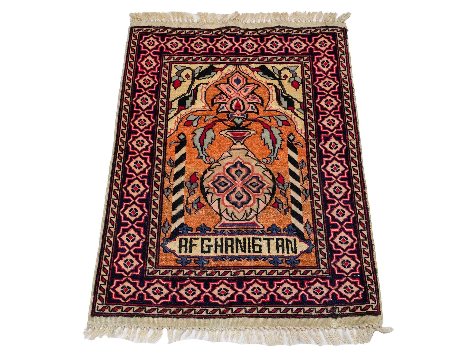 Feiner, handgeknüpfter Afghan Mauri Orientteppich aus Wolle mit Seide von Khademi. Farbe: Beige, gold, blau. Größe: 75 x 60 cm. Vertrieb durch JUPITER Intl.