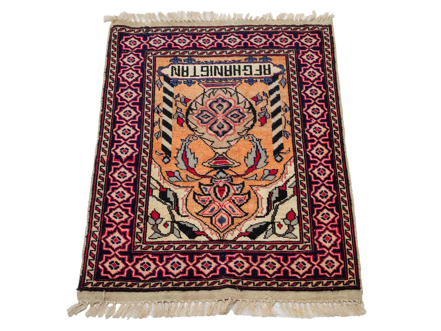 Feiner, handgeknüpfter Afghan Mauri Orientteppich aus Wolle mit Seide von Khademi. Farbe: Beige, gold, blau. Größe: 75 x 60 cm. Vertrieb durch JUPITER Intl.