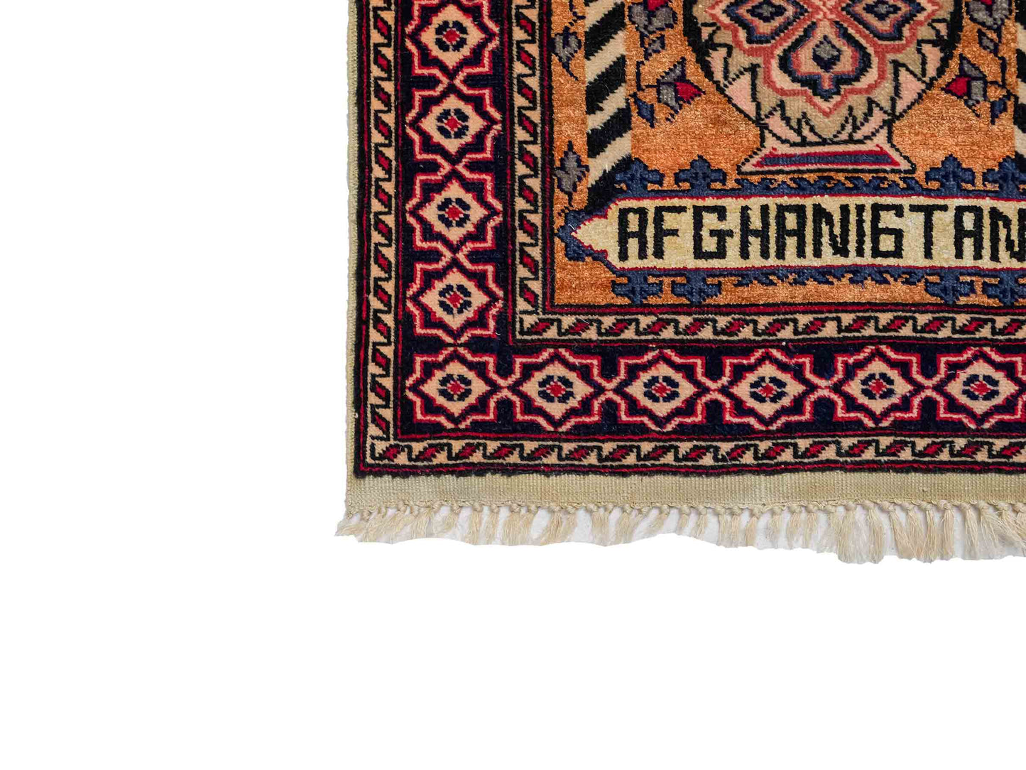 Feiner, handgeknüpfter Afghan Mauri Orientteppich aus Wolle mit Seide von Khademi. Farbe: Beige, gold, blau. Größe: 75 x 60 cm. Vertrieb durch JUPITER Intl.