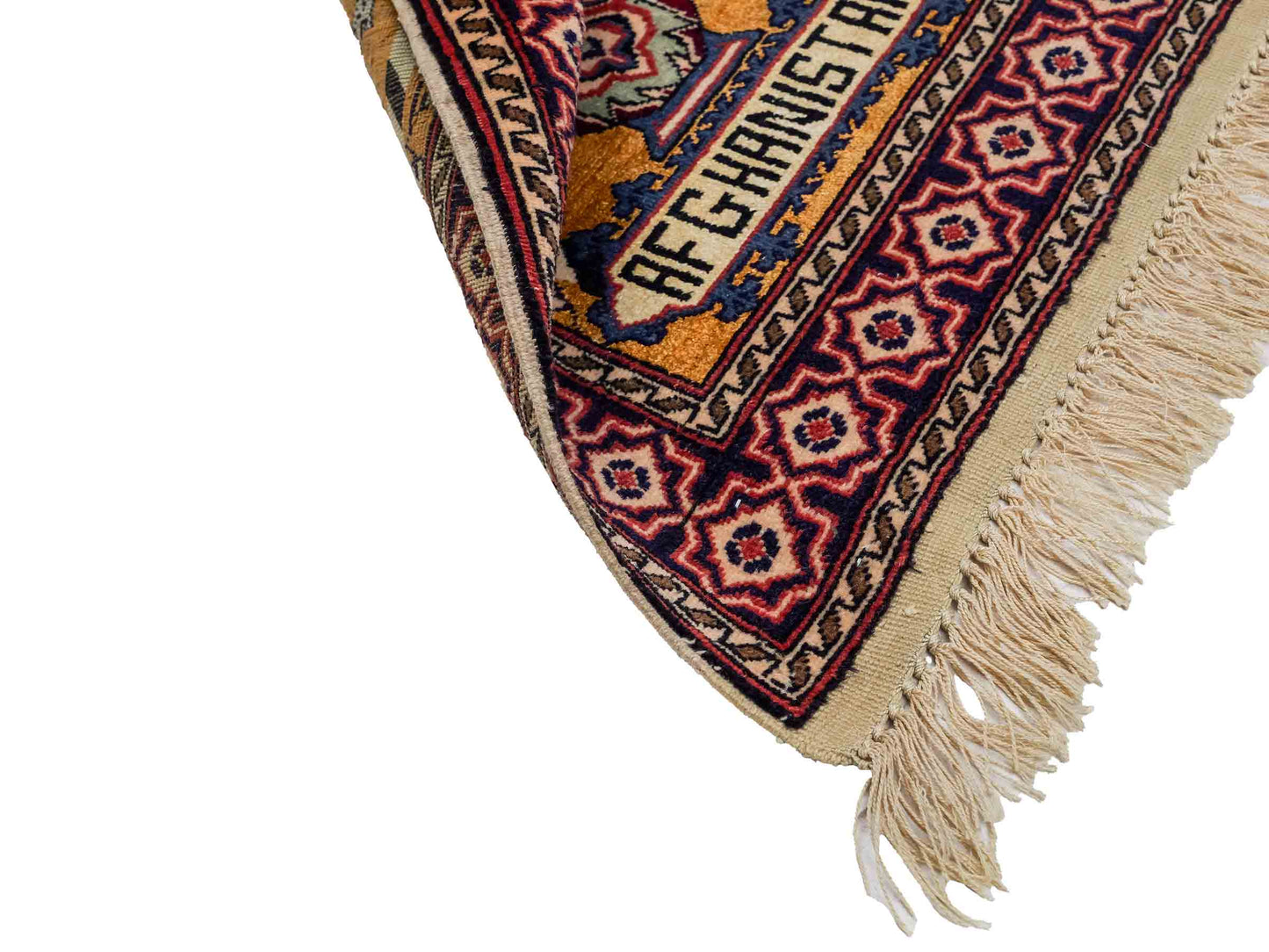 Feiner, handgeknüpfter Afghan Mauri Orientteppich aus Wolle mit Seide von Khademi. Farbe: Beige, gold, blau. Größe: 75 x 60 cm. Vertrieb durch JUPITER Intl.