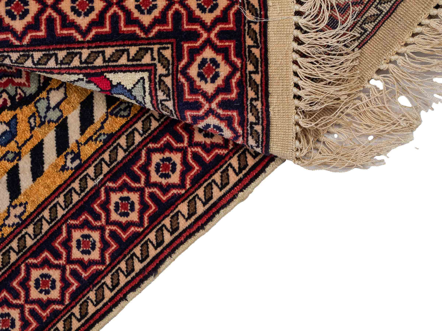 Feiner, handgeknüpfter Afghan Mauri Orientteppich aus Wolle mit Seide von Khademi. Farbe: Beige, gold, blau. Größe: 75 x 60 cm. Vertrieb durch JUPITER Intl.