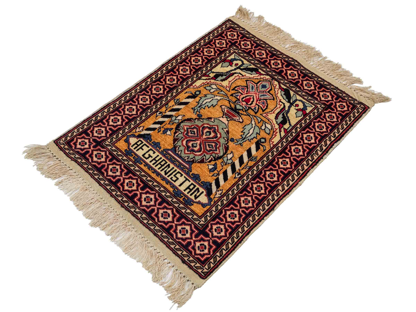 Feiner, handgeknüpfter Afghan Mauri Orientteppich aus Wolle mit Seide von Khademi. Farbe: Beige, gold, blau. Größe: 75 x 60 cm. Vertrieb durch JUPITER Intl.