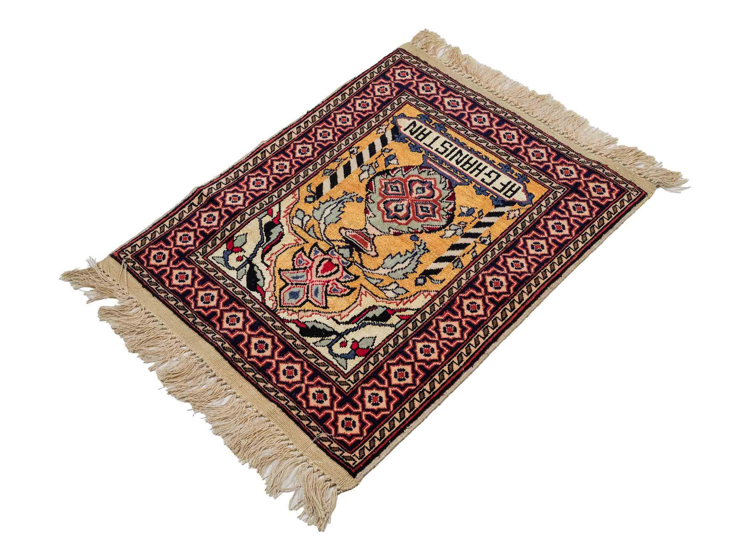 Feiner, handgeknüpfter Afghan Mauri Orientteppich aus Wolle mit Seide von Khademi. Farbe: Beige, gold, blau. Größe: 75 x 60 cm. Vertrieb durch JUPITER Intl.