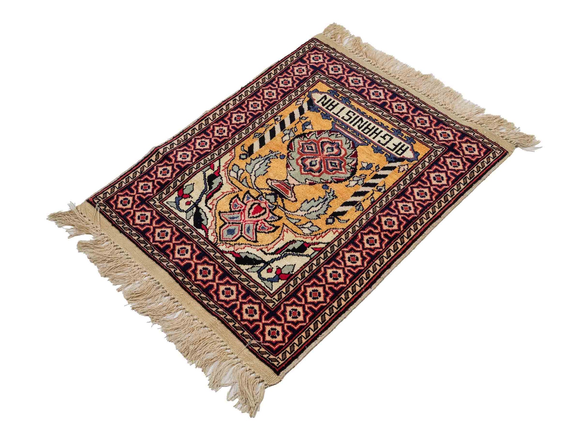Feiner, handgeknüpfter Afghan Mauri Orientteppich aus Wolle mit Seide von Khademi. Farbe: Beige, gold, blau. Größe: 75 x 60 cm. Vertrieb durch JUPITER Intl.