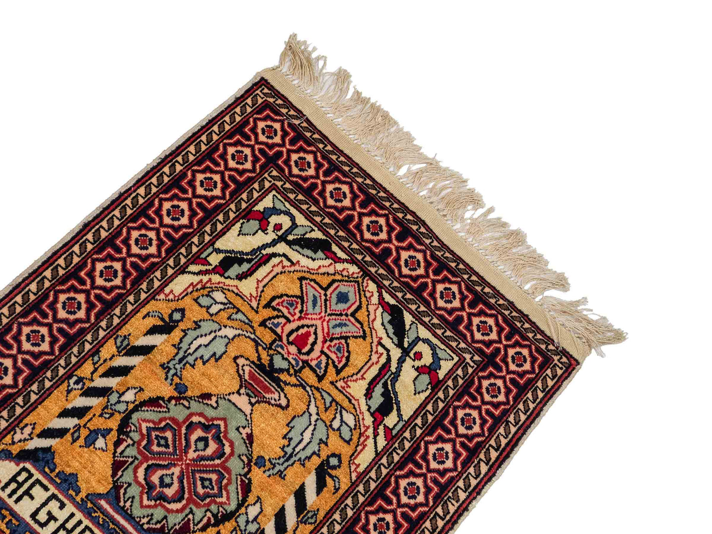 Feiner, handgeknüpfter Afghan Mauri Orientteppich aus Wolle mit Seide von Khademi. Farbe: Beige, gold, blau. Größe: 75 x 60 cm. Vertrieb durch JUPITER Intl.