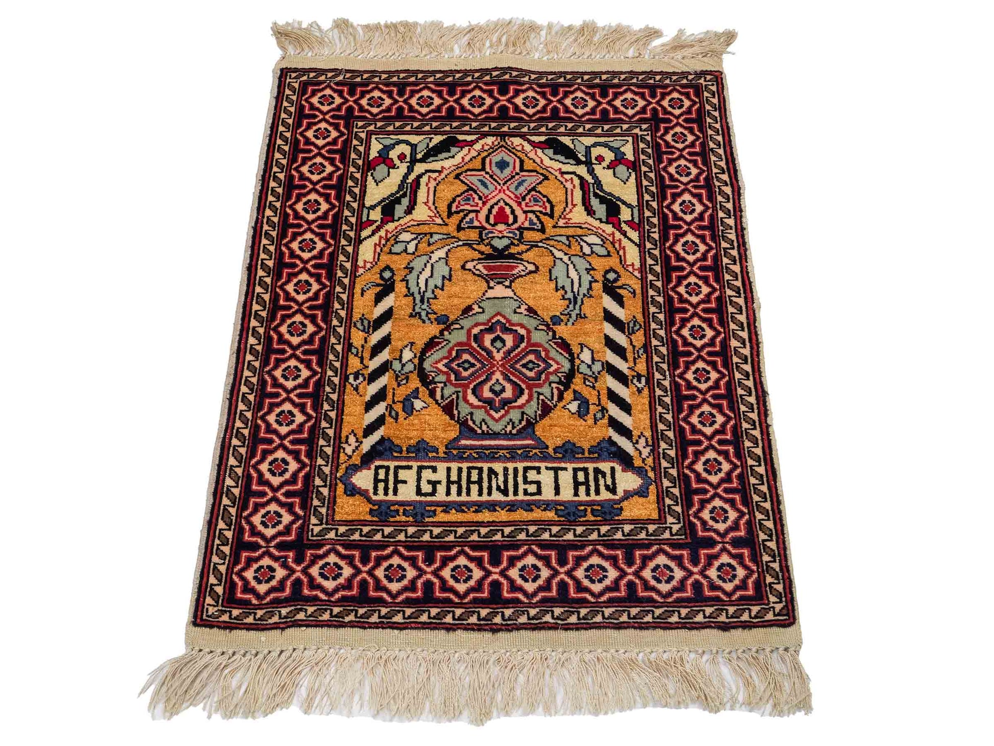 Feiner, handgeknüpfter Afghan Mauri Orientteppich aus Wolle mit Seide von Khademi. Farbe: Beige, gold, blau. Größe: 75 x 60 cm. Vertrieb durch JUPITER Intl.