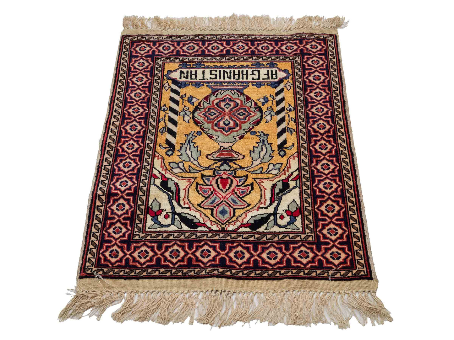 Feiner, handgeknüpfter Afghan Mauri Orientteppich aus Wolle mit Seide von Khademi. Farbe: Beige, gold, blau. Größe: 75 x 60 cm. Vertrieb durch JUPITER Intl.