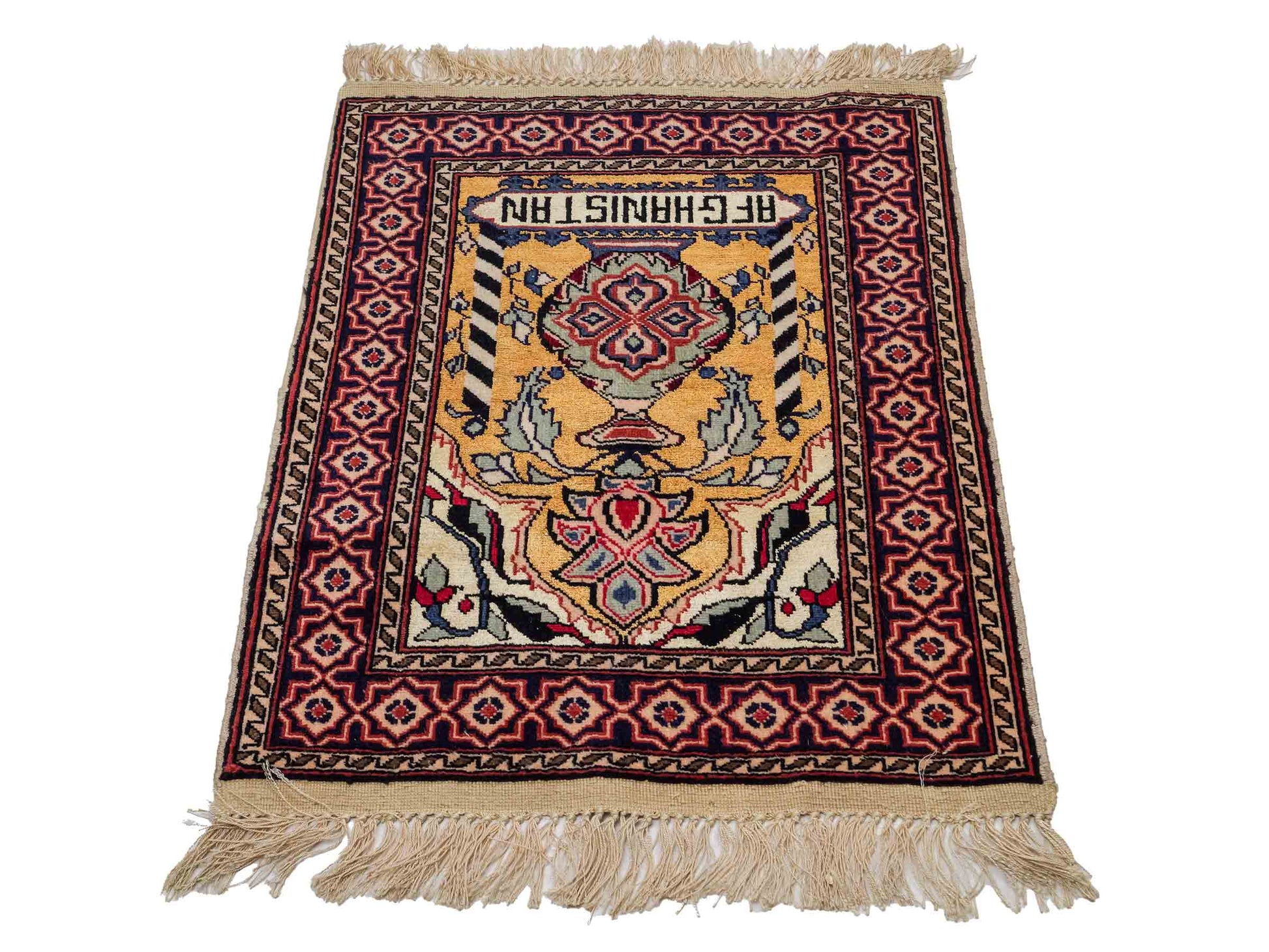 Feiner, handgeknüpfter Afghan Mauri Orientteppich aus Wolle mit Seide von Khademi. Farbe: Beige, gold, blau. Größe: 75 x 60 cm. Vertrieb durch JUPITER Intl.