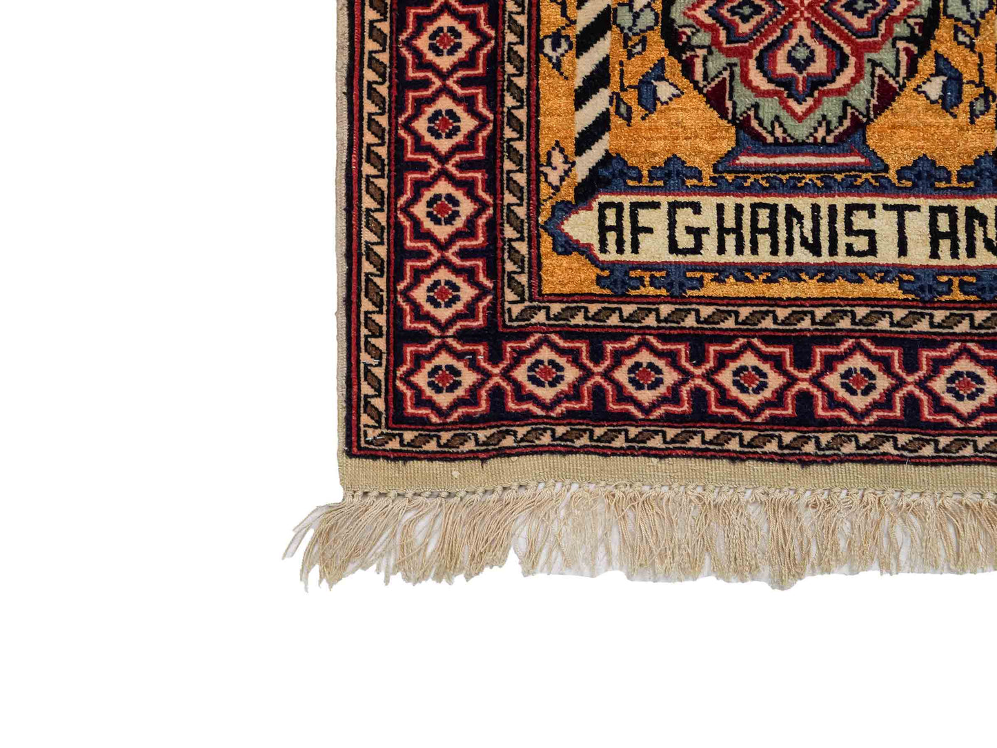 Feiner, handgeknüpfter Afghan Mauri Orientteppich aus Wolle mit Seide von Khademi. Farbe: Beige, gold, blau. Größe: 75 x 60 cm. Vertrieb durch JUPITER Intl.