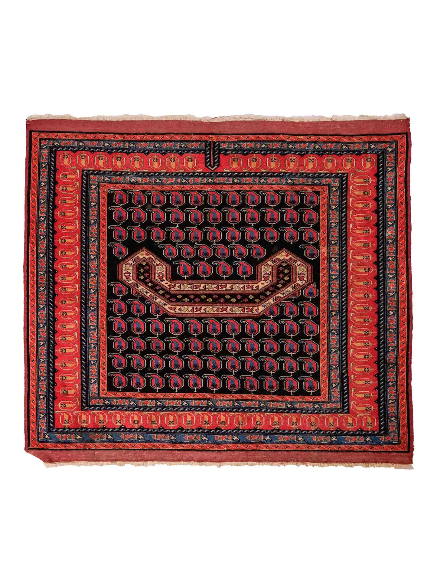 Antiker, handgeknüpfter Afghan Orientteppich aus Wolle von Khademi. Größe: 116 x 94 cm. Farbe: Blau, orange, rot. Verkauf durch JUPITER Intl.