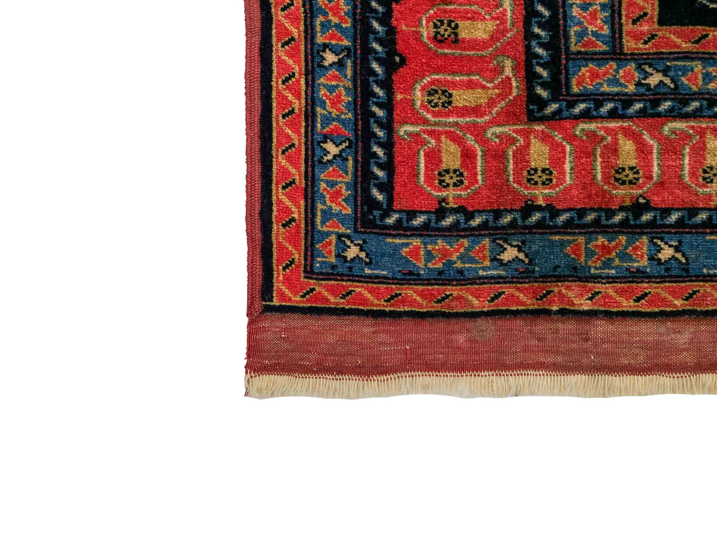 Antiker, handgeknüpfter Afghan Orientteppich aus Wolle von Khademi. Größe: 116 x 94 cm. Farbe: Blau, orange, rot. Verkauf durch JUPITER Intl.