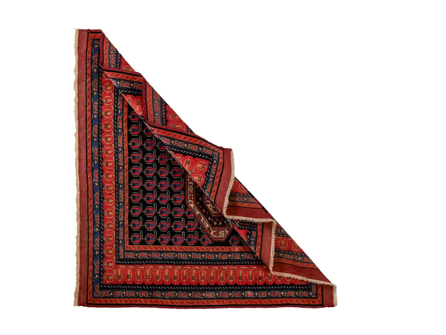 Antiker, handgeknüpfter Afghan Orientteppich aus Wolle von Khademi. Größe: 116 x 94 cm. Farbe: Blau, orange, rot. Verkauf durch JUPITER Intl.
