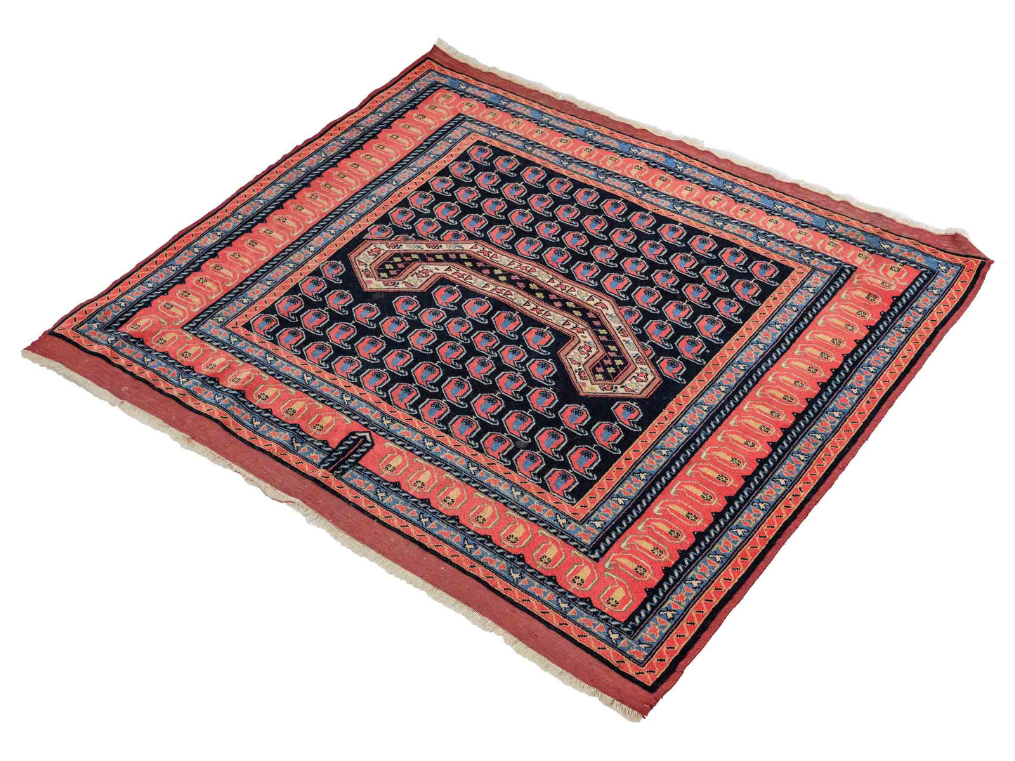 Antiker, handgeknüpfter Afghan Orientteppich aus Wolle von Khademi. Größe: 116 x 94 cm. Farbe: Blau, orange, rot. Verkauf durch JUPITER Intl.