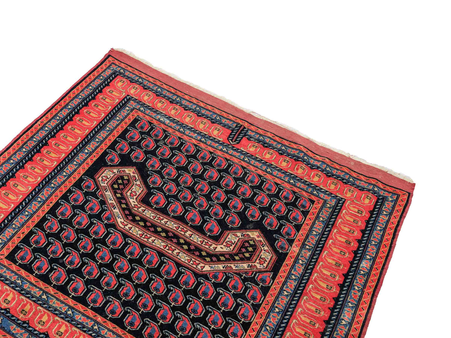 Antiker, handgeknüpfter Afghan Orientteppich aus Wolle von Khademi. Größe: 116 x 94 cm. Farbe: Blau, orange, rot. Verkauf durch JUPITER Intl.