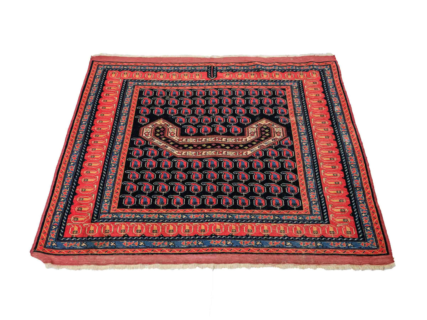 Antiker, handgeknüpfter Afghan Orientteppich aus Wolle von Khademi. Größe: 116 x 94 cm. Farbe: Blau, orange, rot. Verkauf durch JUPITER Intl.