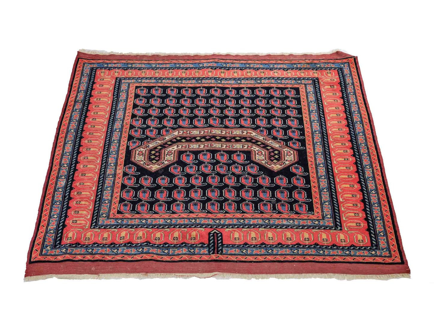 Antiker, handgeknüpfter Afghan Orientteppich aus Wolle von Khademi. Größe: 116 x 94 cm. Farbe: Blau, orange, rot. Verkauf durch JUPITER Intl.