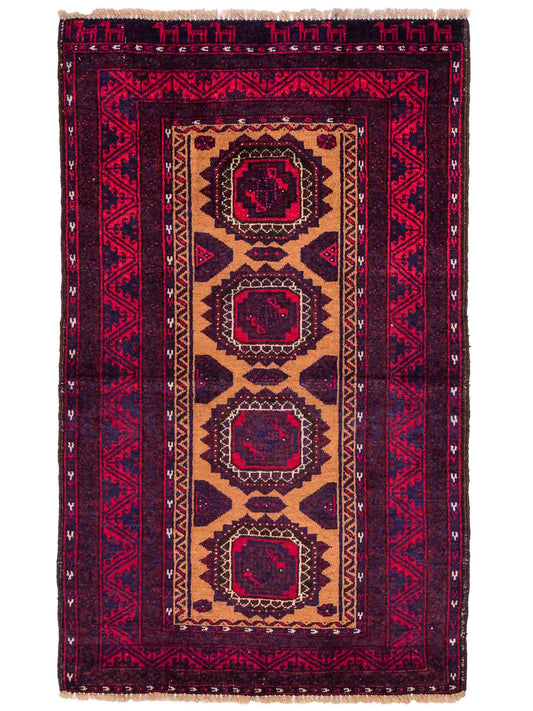 Antiker, handgeknüpfter Afghan Orientteppich aus Wolle von Khademi. Größe: 121 x 72 cm. Farbe: Rot, beige, blau. Verkauf durch JUPITER Intl.