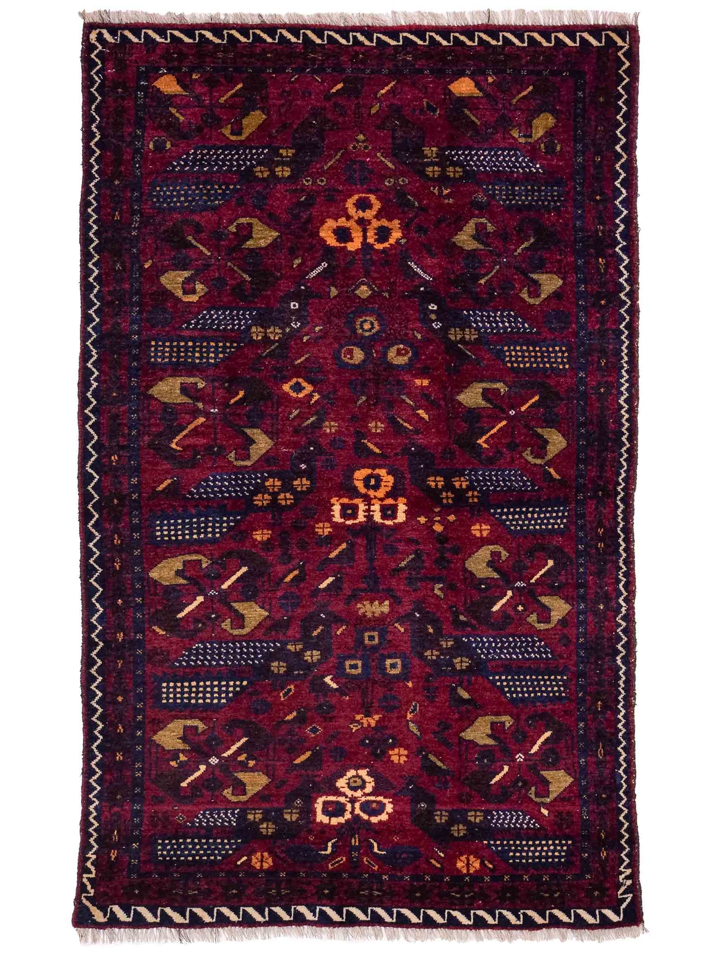 Antiker, handgeknüpfter Afghan Orientteppich aus Wolle von Khademi. Größe: 138 x 80 cm. Farbe: Rot, blau. Verkauf durch JUPITER Intl.
