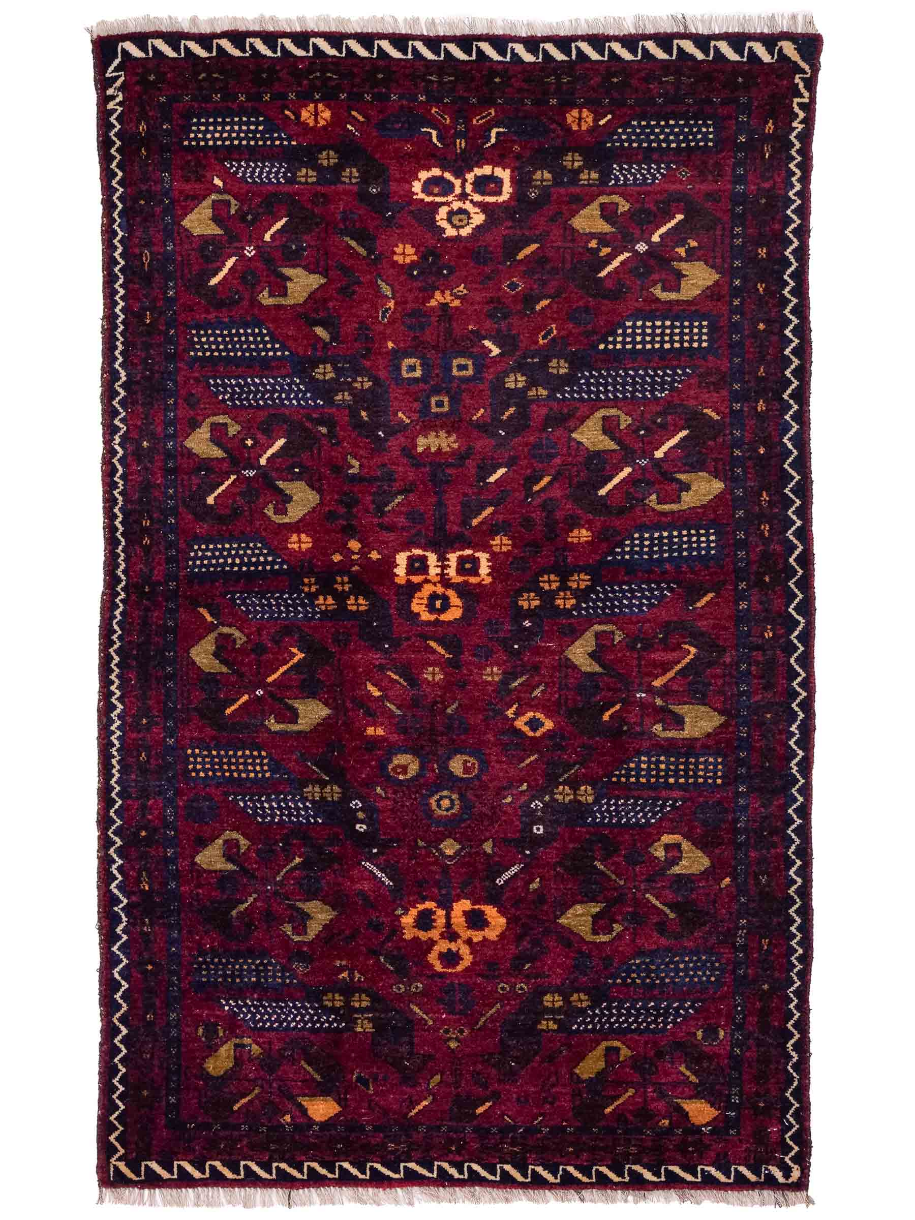 Antiker, handgeknüpfter Afghan Orientteppich aus Wolle von Khademi. Größe: 138 x 80 cm. Farbe: Rot, blau. Verkauf durch JUPITER Intl.