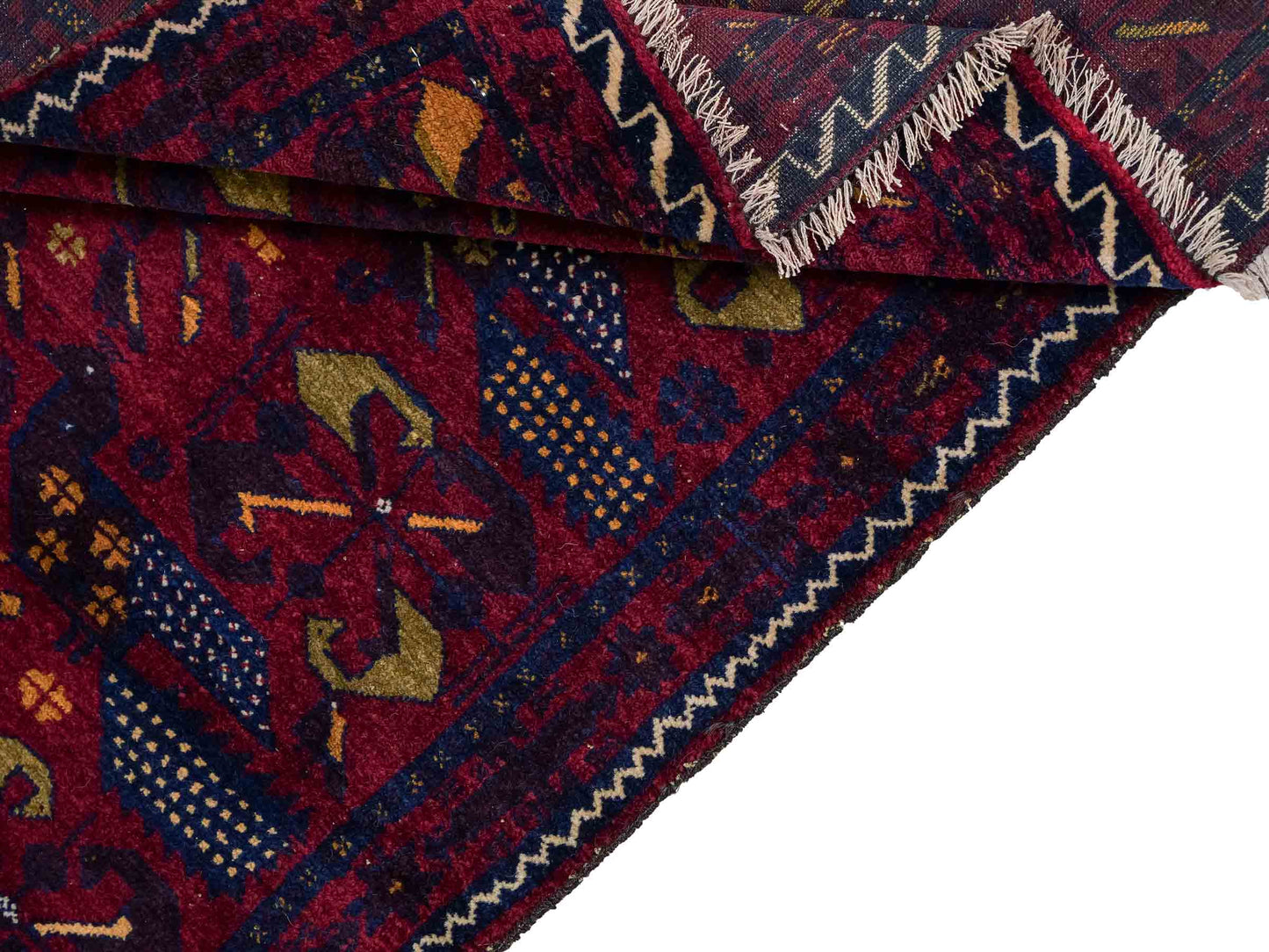 Antiker, handgeknüpfter Afghan Orientteppich aus Wolle von Khademi. Größe: 138 x 80 cm. Farbe: Rot, blau. Verkauf durch JUPITER Intl.