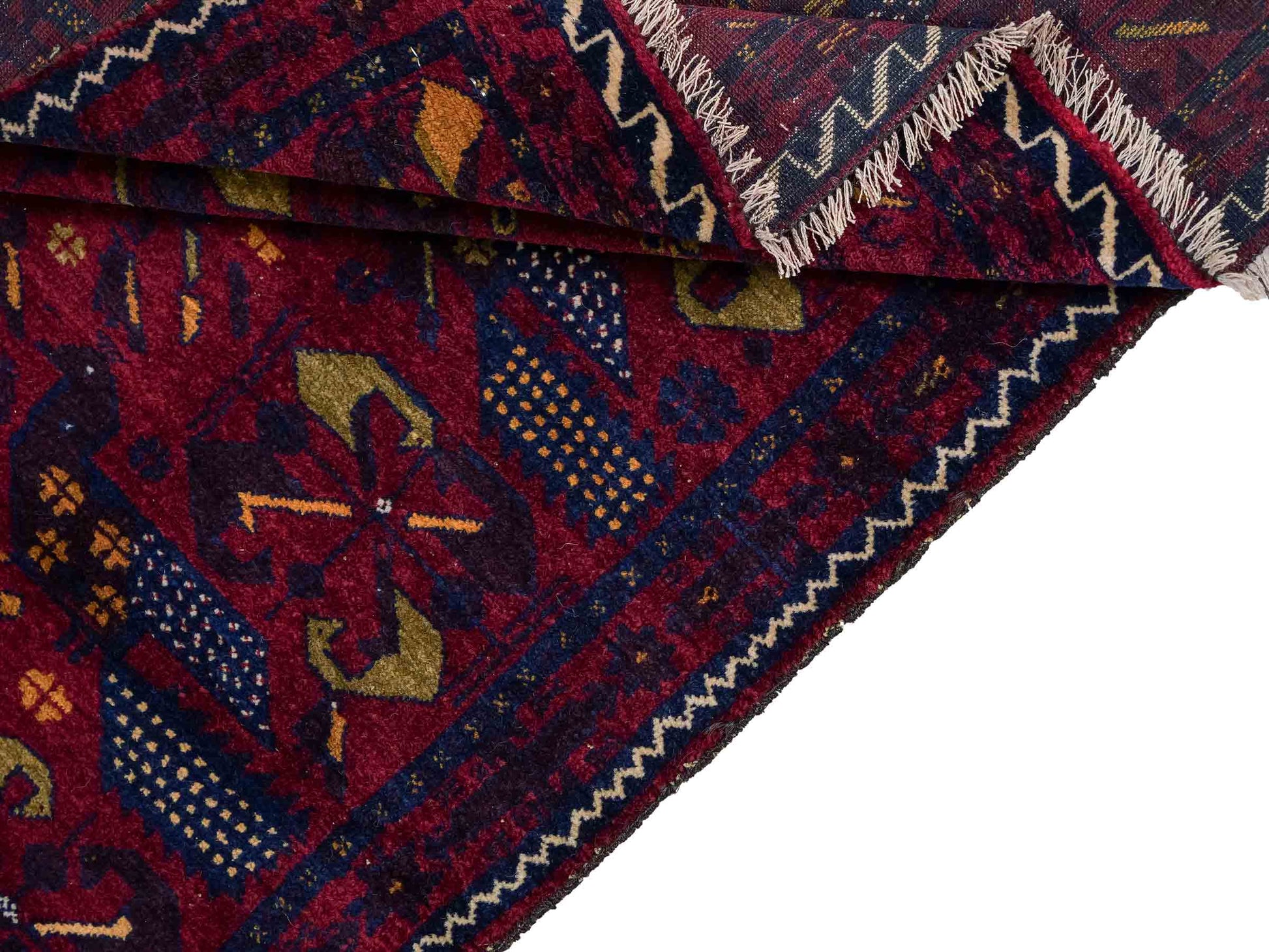 Antiker, handgeknüpfter Afghan Orientteppich aus Wolle von Khademi. Größe: 138 x 80 cm. Farbe: Rot, blau. Verkauf durch JUPITER Intl.