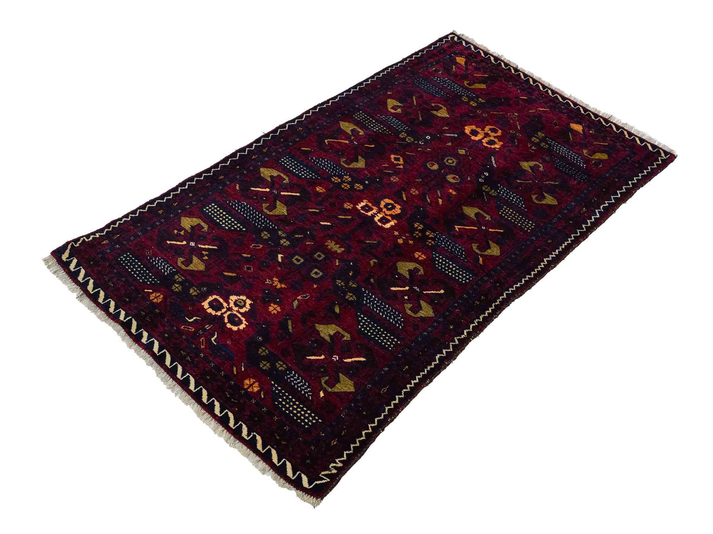 Antiker, handgeknüpfter Afghan Orientteppich aus Wolle von Khademi. Größe: 138 x 80 cm. Farbe: Rot, blau. Verkauf durch JUPITER Intl.