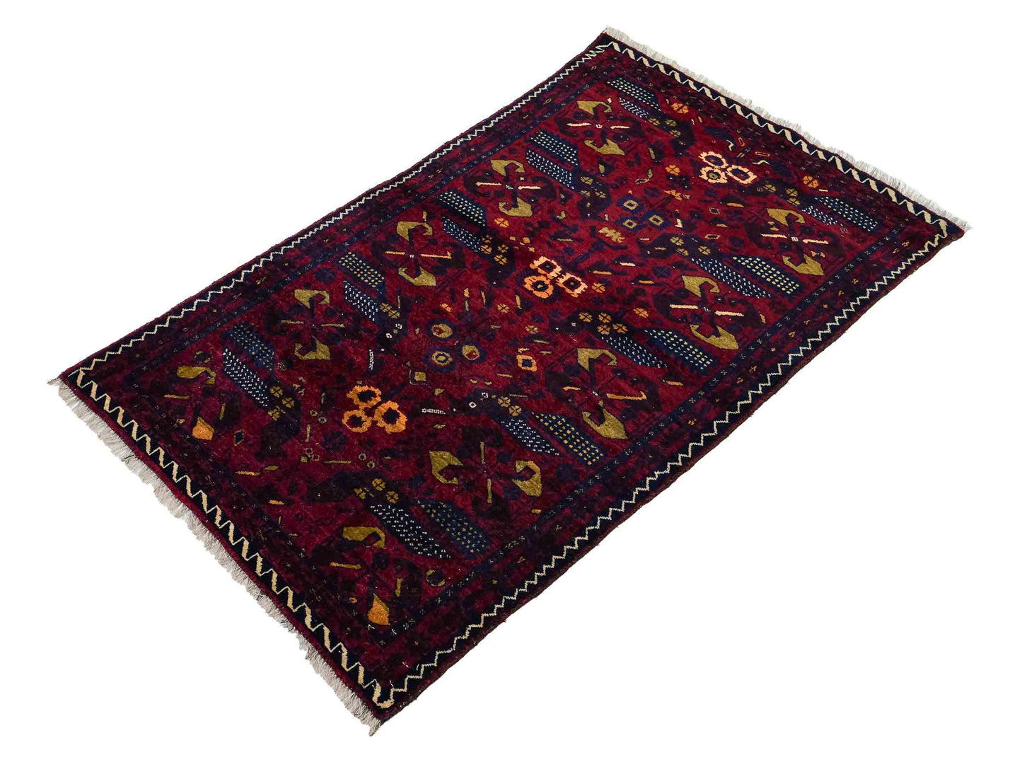 Antiker, handgeknüpfter Afghan Orientteppich aus Wolle von Khademi. Größe: 138 x 80 cm. Farbe: Rot, blau. Verkauf durch JUPITER Intl.