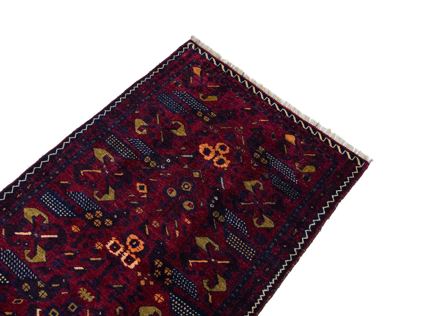 Antiker, handgeknüpfter Afghan Orientteppich aus Wolle von Khademi. Größe: 138 x 80 cm. Farbe: Rot, blau. Verkauf durch JUPITER Intl.