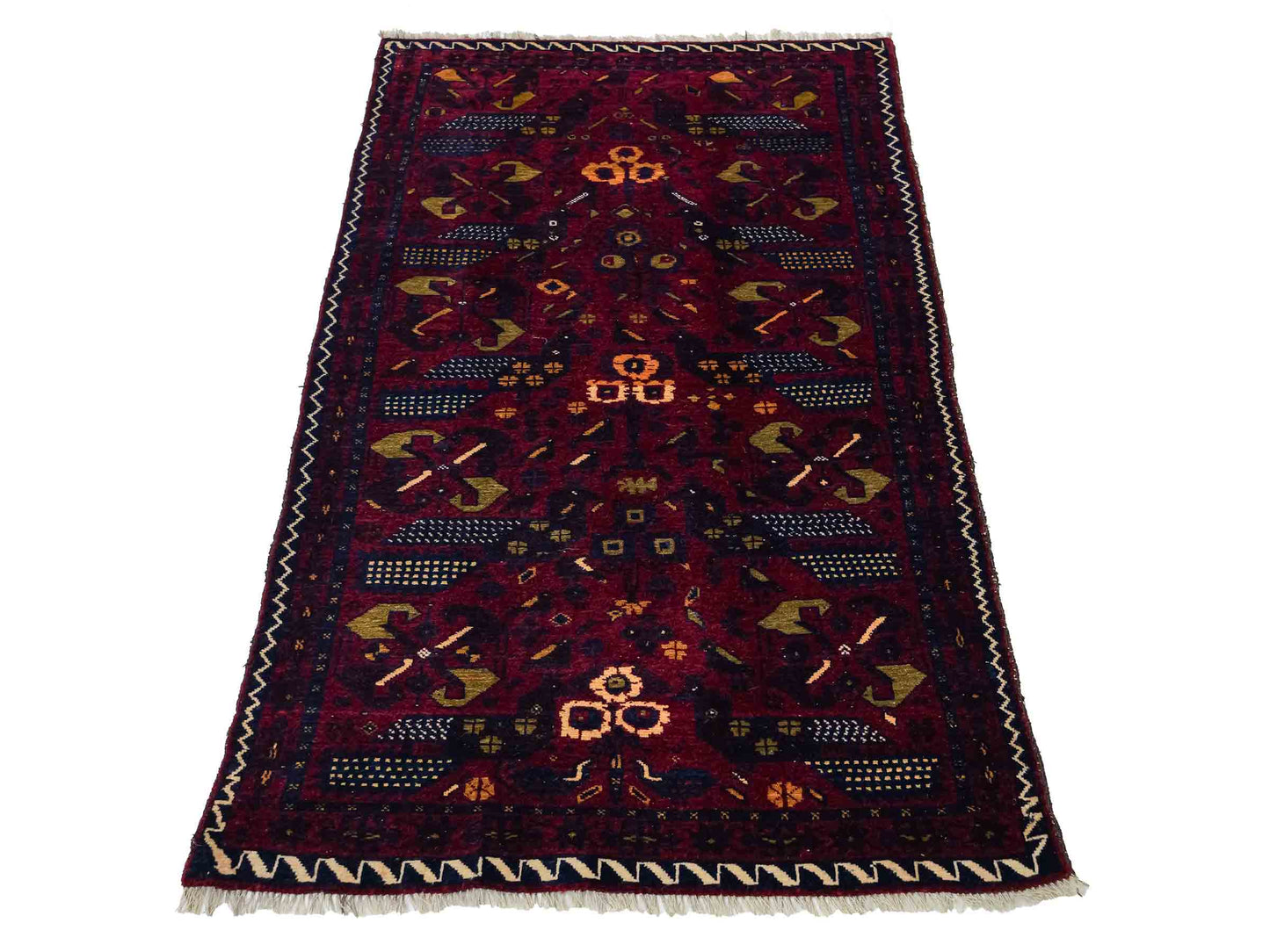 Antiker, handgeknüpfter Afghan Orientteppich aus Wolle von Khademi. Größe: 138 x 80 cm. Farbe: Rot, blau. Verkauf durch JUPITER Intl.