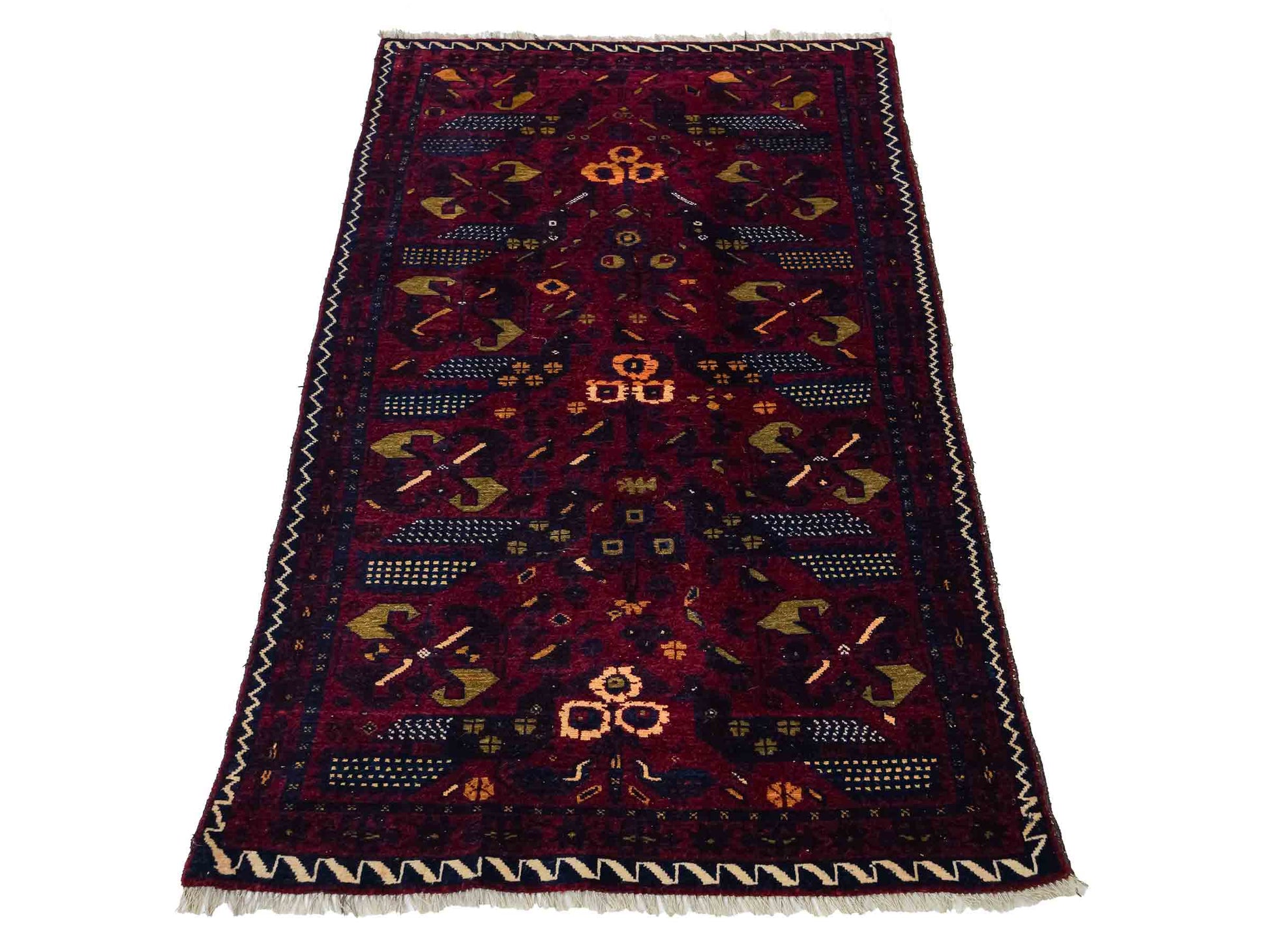 Antiker, handgeknüpfter Afghan Orientteppich aus Wolle von Khademi. Größe: 138 x 80 cm. Farbe: Rot, blau. Verkauf durch JUPITER Intl.