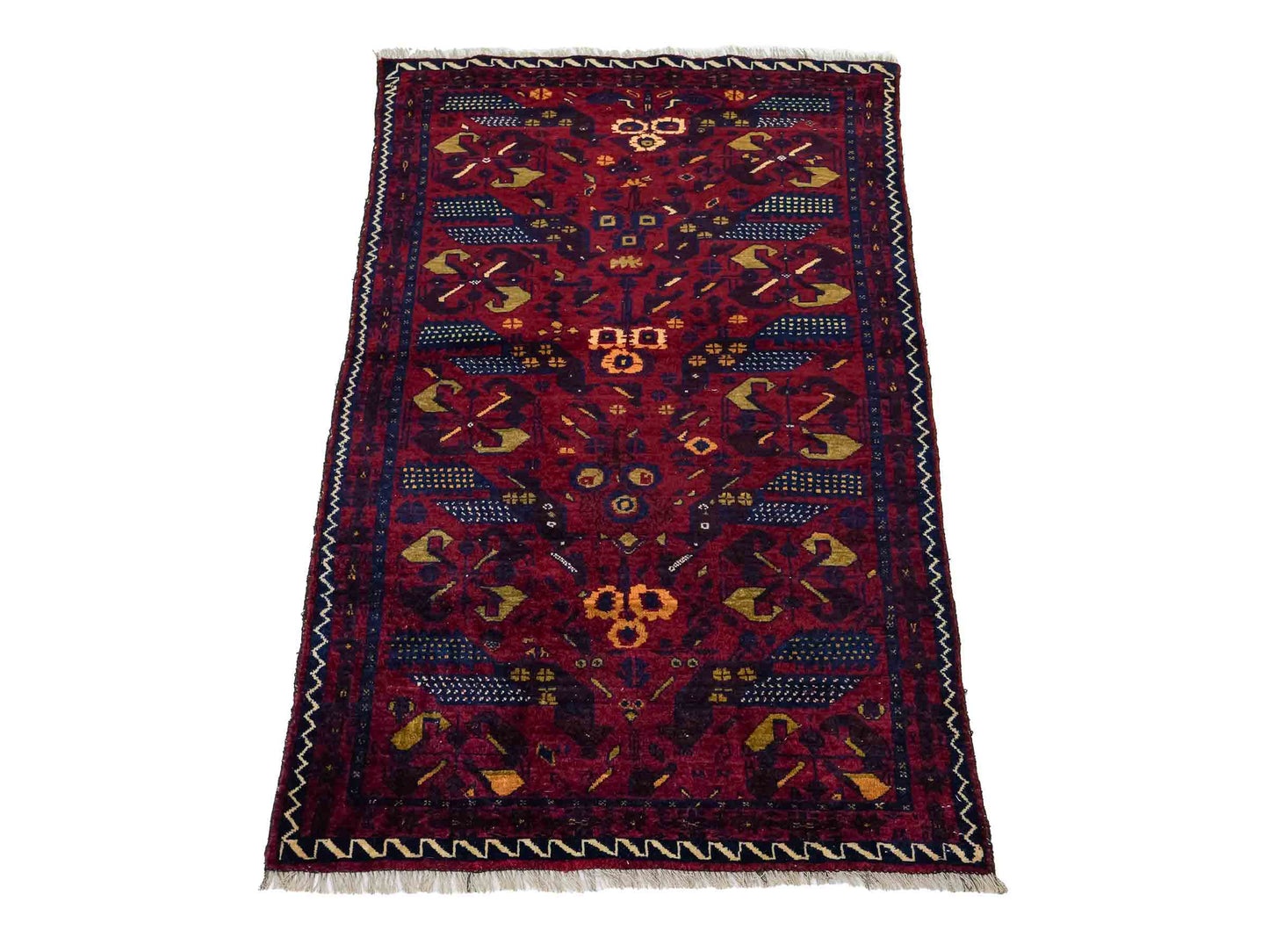 Antiker, handgeknüpfter Afghan Orientteppich aus Wolle von Khademi. Größe: 138 x 80 cm. Farbe: Rot, blau. Verkauf durch JUPITER Intl.