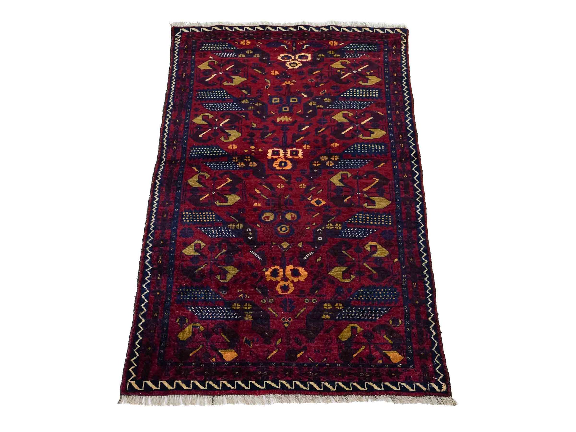 Antiker, handgeknüpfter Afghan Orientteppich aus Wolle von Khademi. Größe: 138 x 80 cm. Farbe: Rot, blau. Verkauf durch JUPITER Intl.