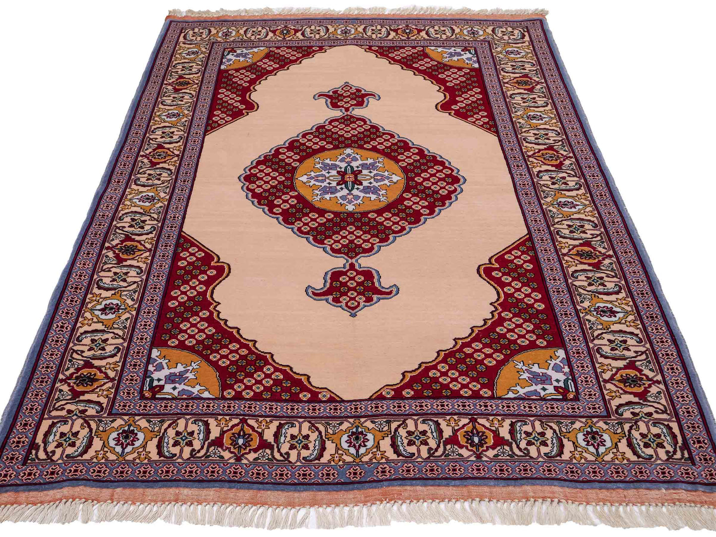 Sehr feiner, antiker, handgeknüpfter Afghan Orientteppich aus Wolle von Khademi. Größe: 150 x 104 cm. Farbe: Beige, rot, blau. Verkauf durch JUPITER Intl.