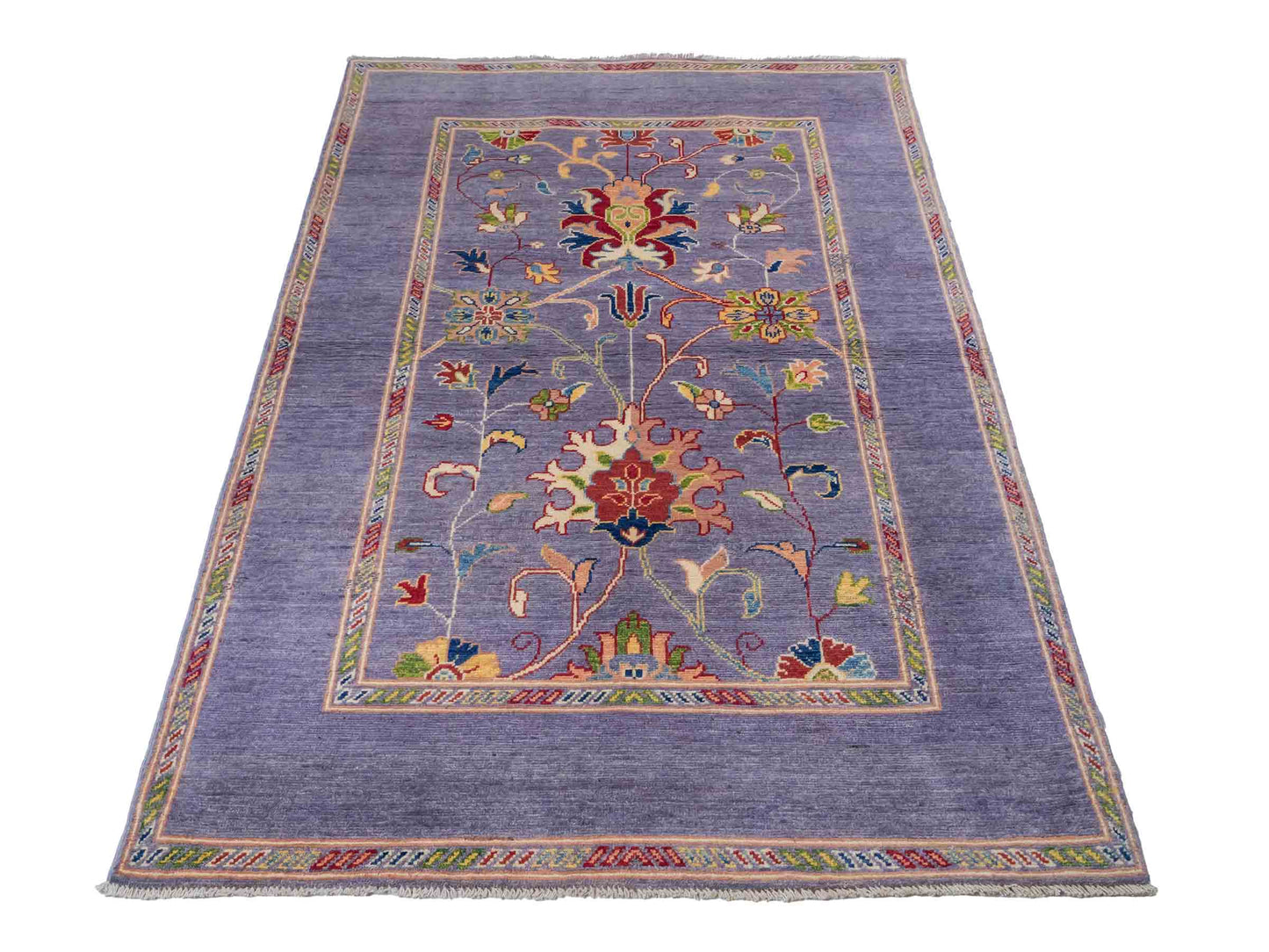 Feiner, handgeknüpfter Design Ziegler Chobi Orientteppich aus reiner Wolle mit geometrischem Feldmuster und figuralen Details von Khademi. Größe: 182 x 121 cm. Farbe: Graublau. RB3-B2662. Ursprung: Afghanistan. Verkauf durch JUPITER Intl.