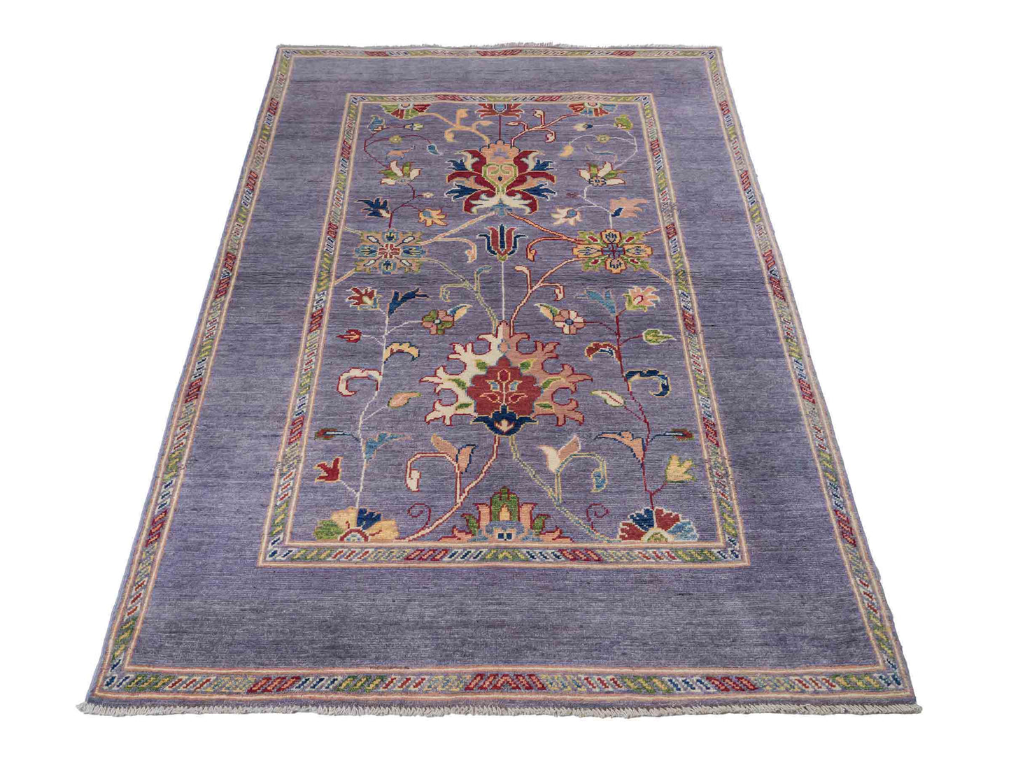 Feiner, handgeknüpfter Design Ziegler Chobi Orientteppich aus reiner Wolle mit geometrischem Feldmuster und figuralen Details von Khademi. Größe: 182 x 121 cm. Farbe: Graublau. RB3-B2662. Ursprung: Afghanistan. Verkauf durch JUPITER Intl.