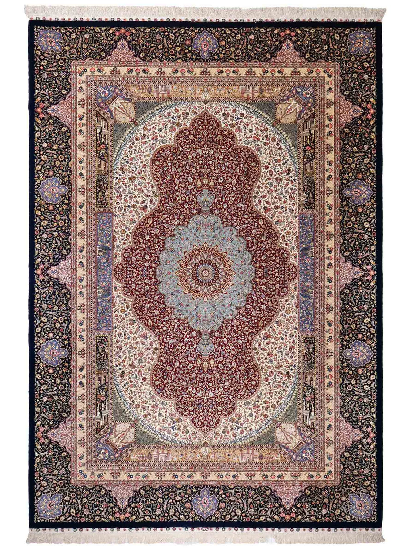 Sehr feiner, handgeknüpfter Khademi Orientteppich mit Ghom Design aus Wolle mit Seide, blau, rot. 285x207 cm. Vertrieb durch Jupiter Intl.