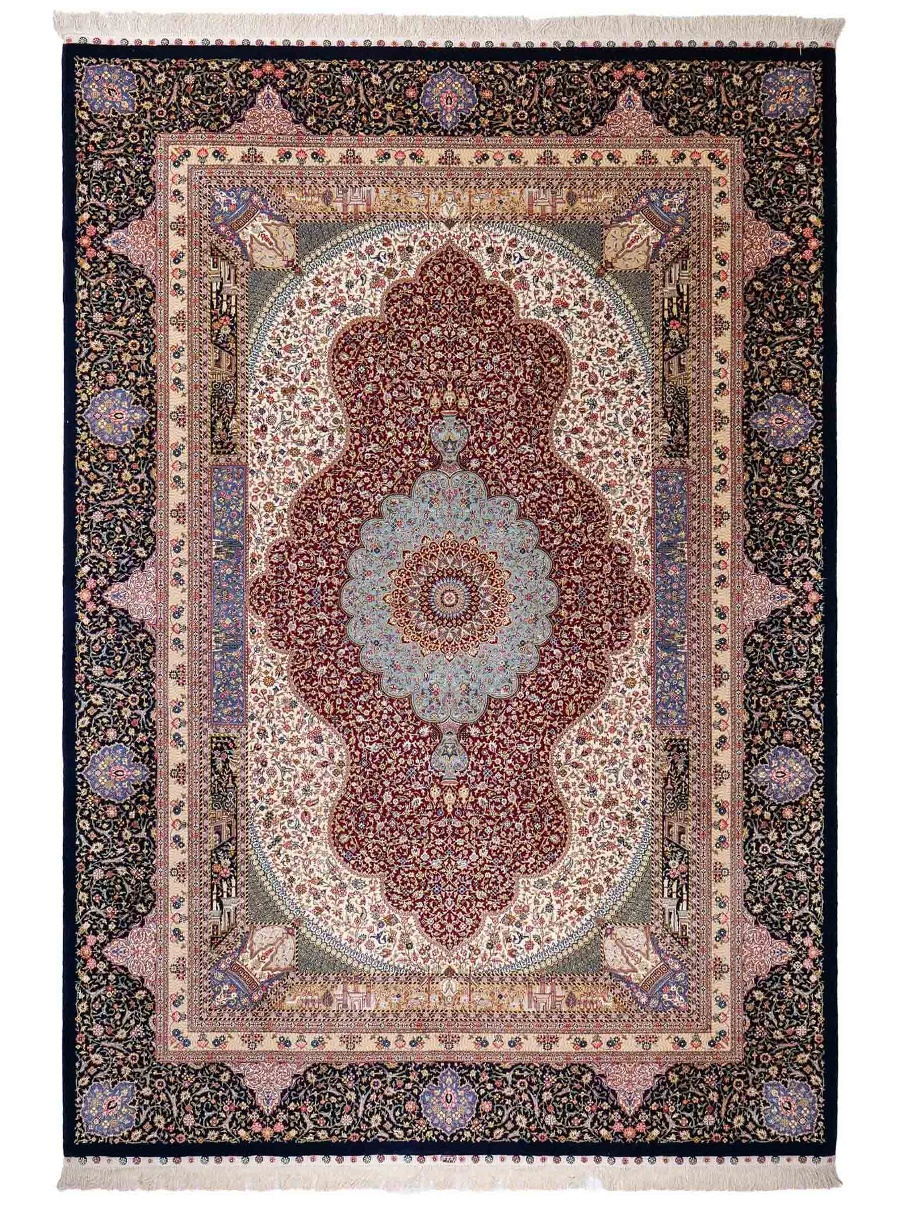 Sehr feiner, handgeknüpfter Khademi Orientteppich mit Ghom Design aus Wolle mit Seide, blau, rot. 285x207 cm. Vertrieb durch Jupiter Intl.