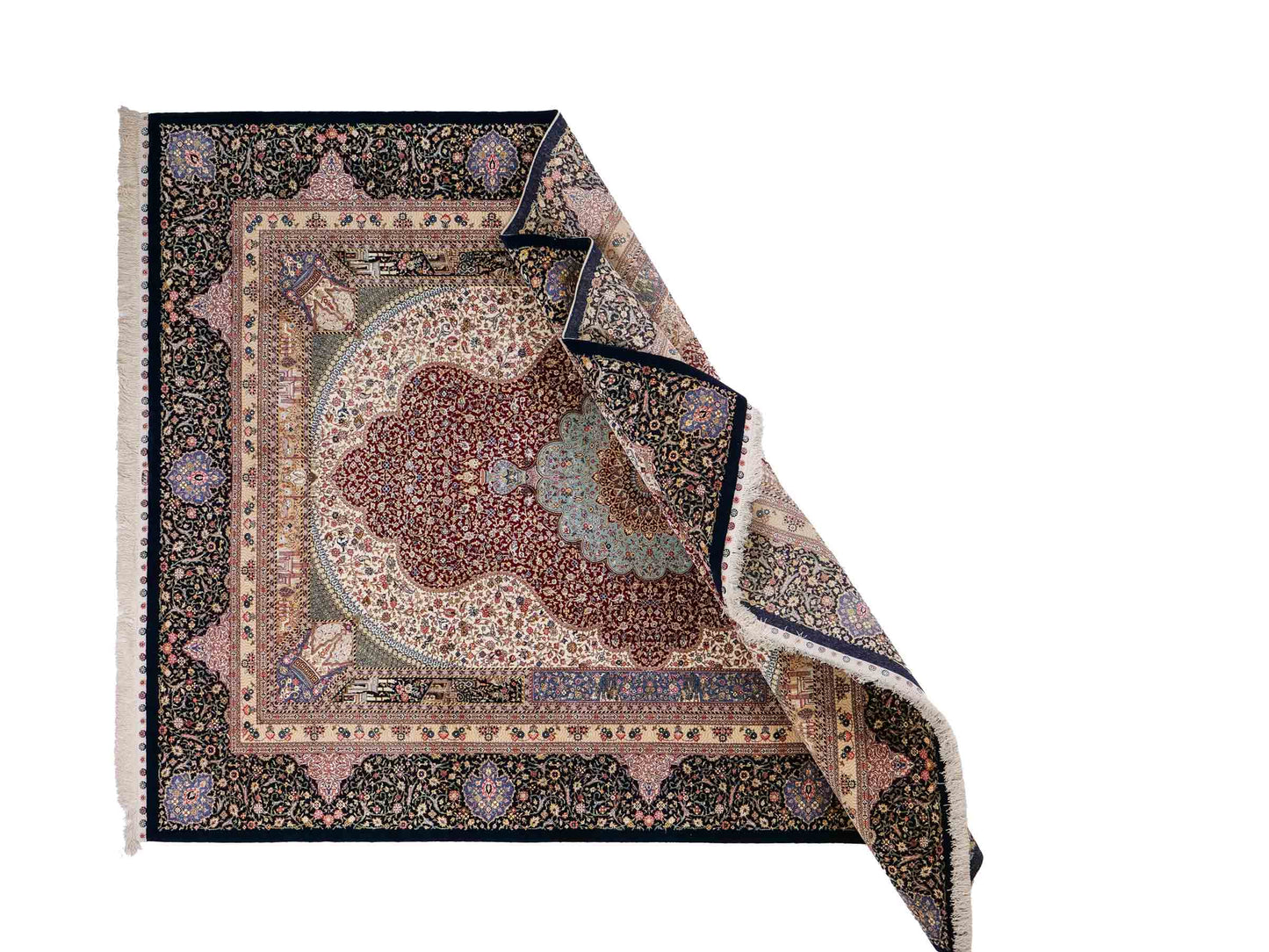 Sehr feiner, handgeknüpfter Khademi Orientteppich mit Ghom Design aus Wolle mit Seide, blau, rot. 285x207 cm. Vertrieb durch Jupiter Intl.