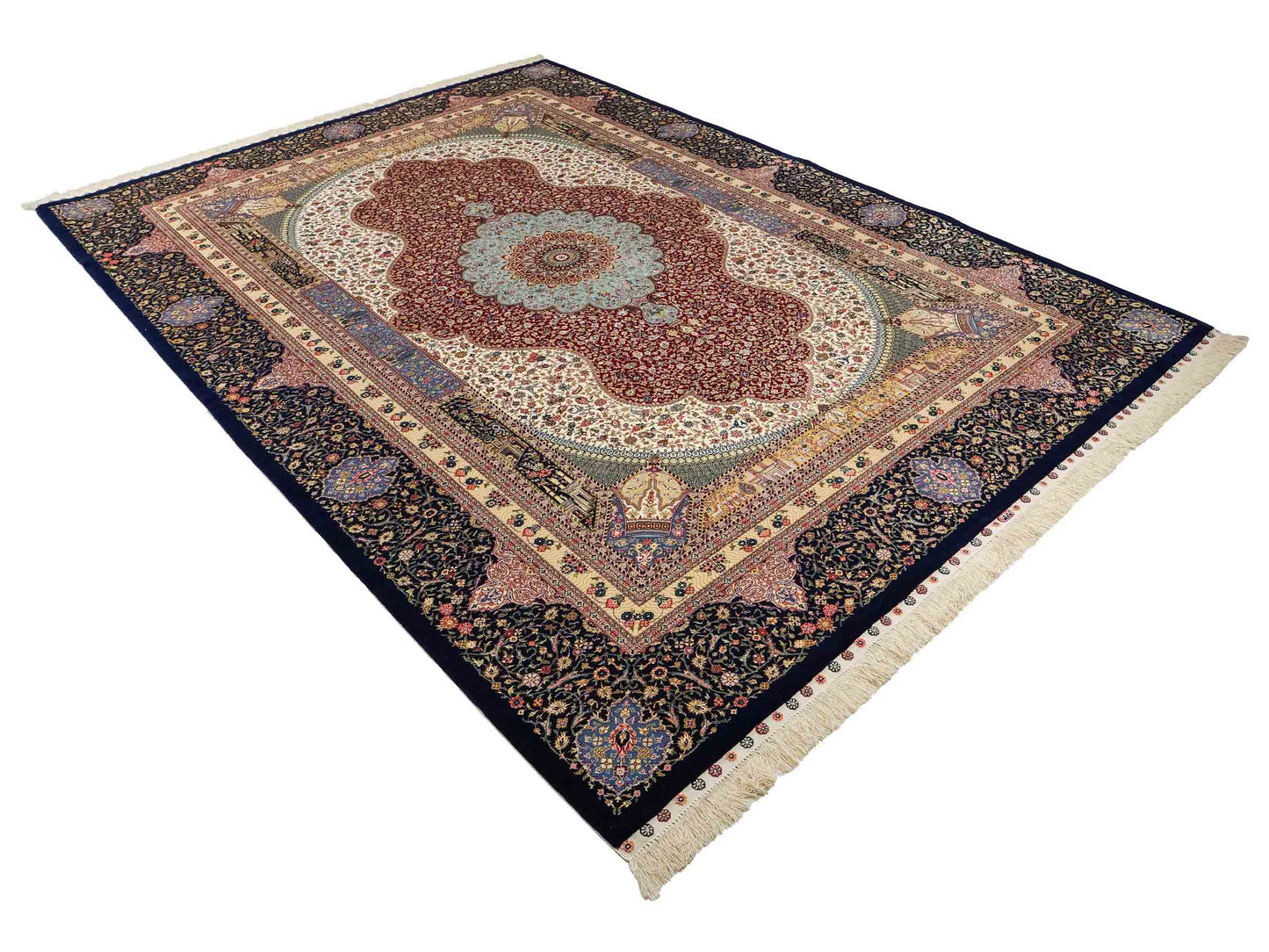Sehr feiner, handgeknüpfter Khademi Orientteppich mit Ghom Design aus Wolle mit Seide, blau, rot. 285x207 cm. Vertrieb durch Jupiter Intl.