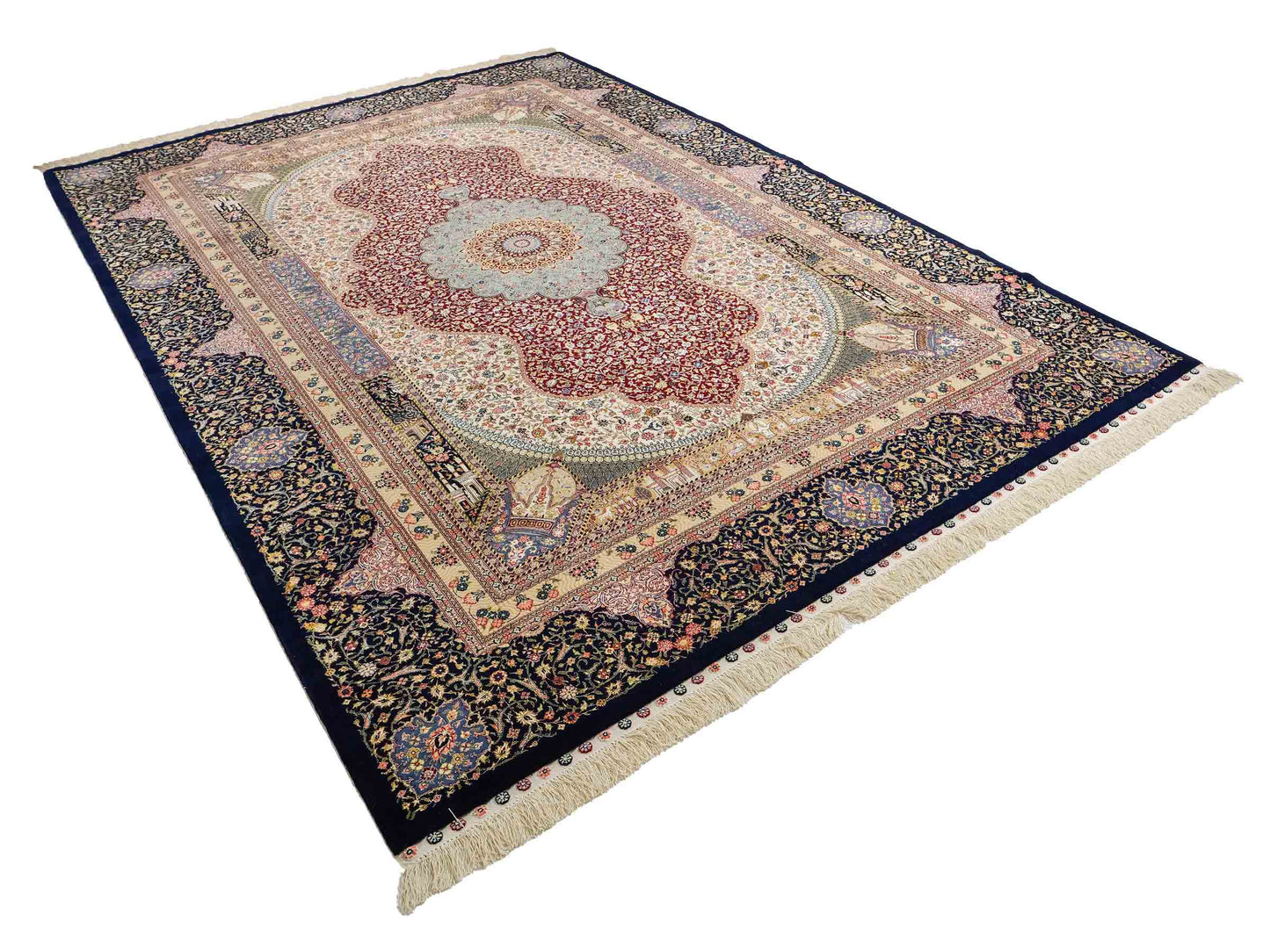 Sehr feiner, handgeknüpfter Khademi Orientteppich mit Ghom Design aus Wolle mit Seide, blau, rot. 285x207 cm. Vertrieb durch Jupiter Intl.
