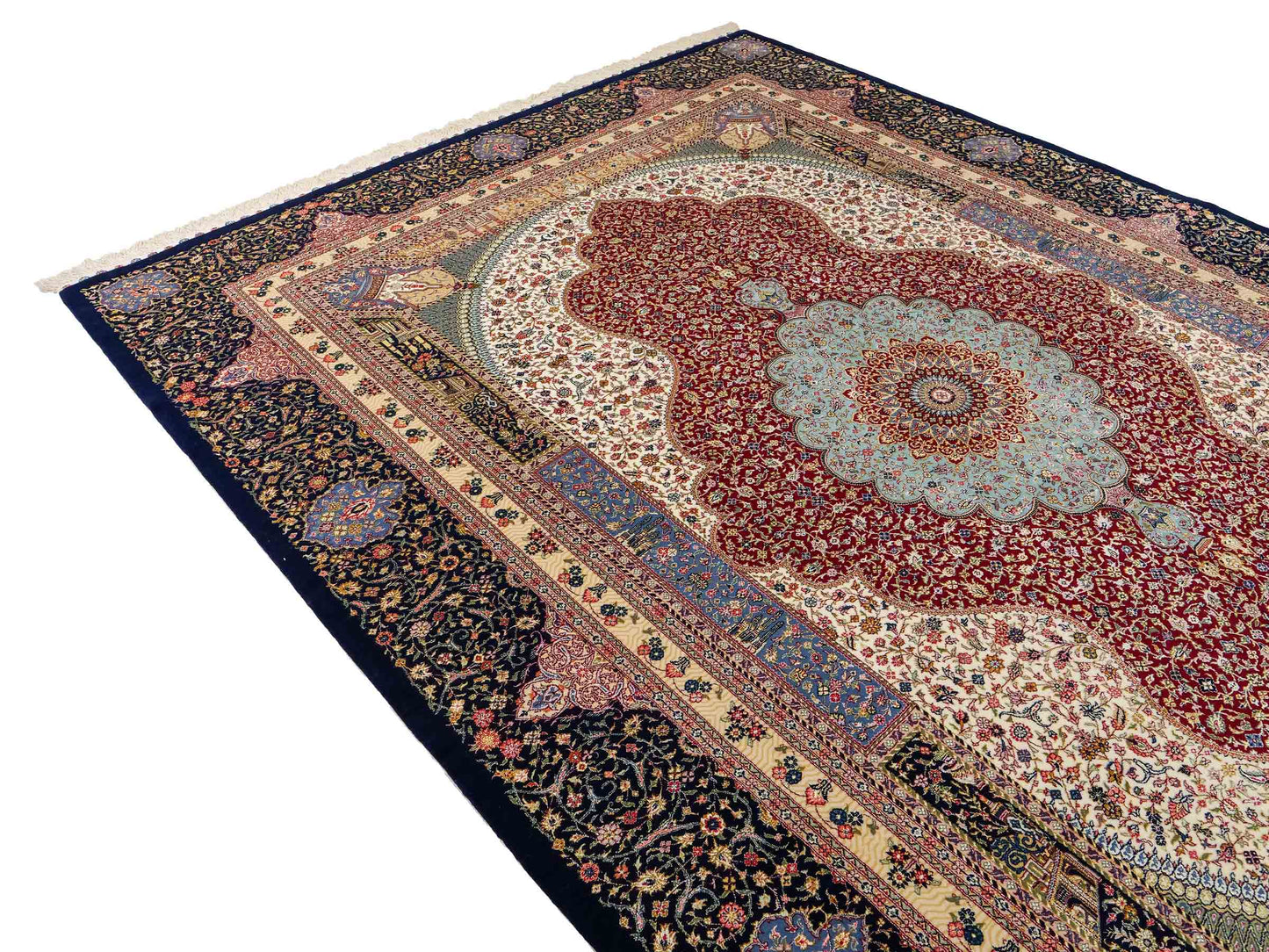 Sehr feiner, handgeknüpfter Khademi Orientteppich mit Ghom Design aus Wolle mit Seide, blau, rot. 285x207 cm. Vertrieb durch Jupiter Intl.