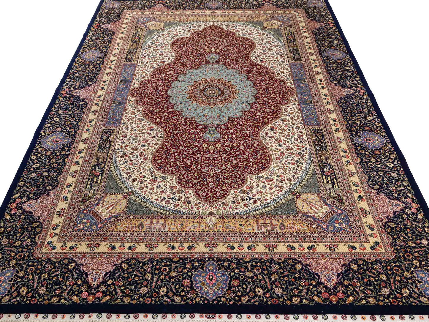 Sehr feiner, handgeknüpfter Khademi Orientteppich mit Ghom Design aus Wolle mit Seide, blau, rot. 285x207 cm. Vertrieb durch Jupiter Intl.