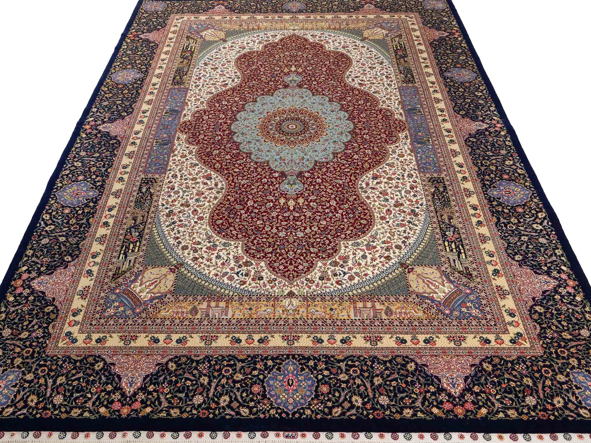 Sehr feiner, handgeknüpfter Khademi Orientteppich mit Ghom Design aus Wolle mit Seide, blau, rot. 285x207 cm. Vertrieb durch Jupiter Intl.